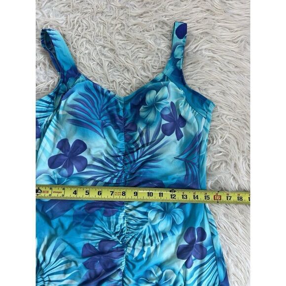 Maxine Womens Vintage Blue Tropical Floral Shirred Front One Piece Swimsuit 16 - Picture 5 of 14